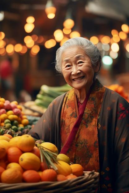 Medium shot old woman posing with fruits