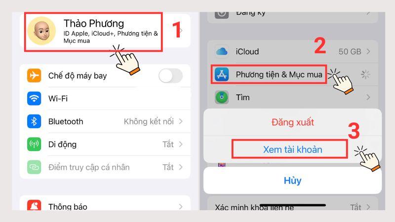 Chạm vào Tên > Phương tiện & Mục mua > Xem tài khoản 