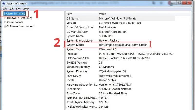 Chọn System Summary > Tìm mục System Model để xem