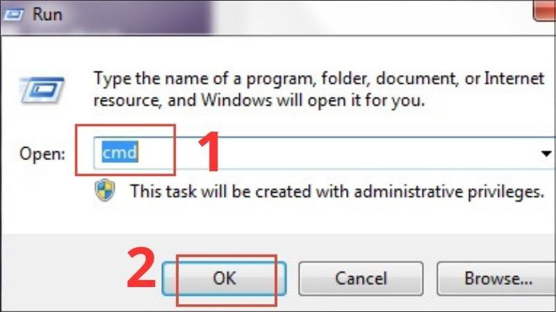 Nhấn tổ hợp phím Windows + R > Nhập dòng lệnh cmd > Chọn OK