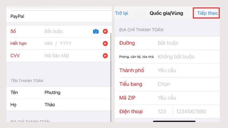 Nhập đầy đủ thông tin thanh toán, địa chỉ thanh toán > Tiếp theo