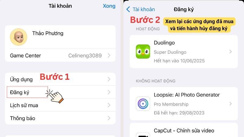 Vào App Store > đến phần Đăng ký > Xem lại tất cả các tài khoản đã mua 