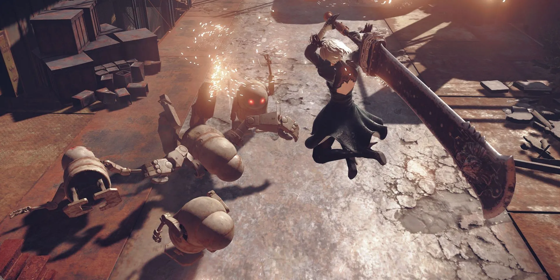 2B swings a sword in NieR: Automata