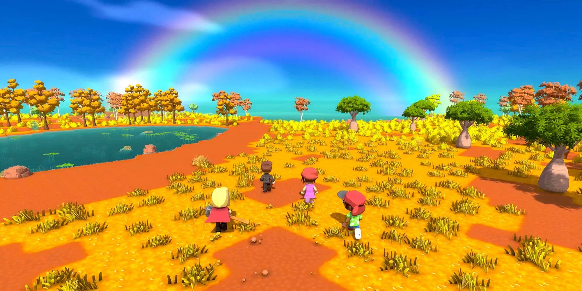 A group of players running across the outback with a rainbow on the horizon in Dinkum