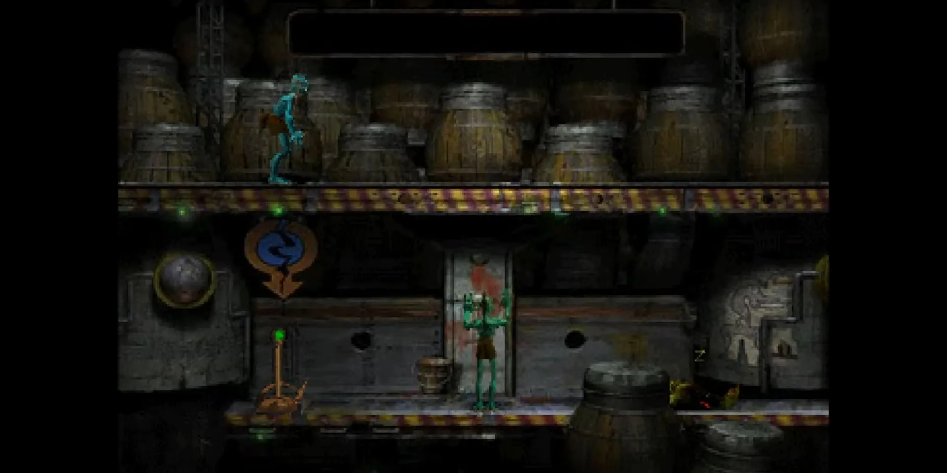 Abe tại nhà máy RuptureFarms trong Oddworld Abe's Oddysee, nền tiền kết xuất thể hiện sự tương phản giữa công nghiệp và thiên nhiên