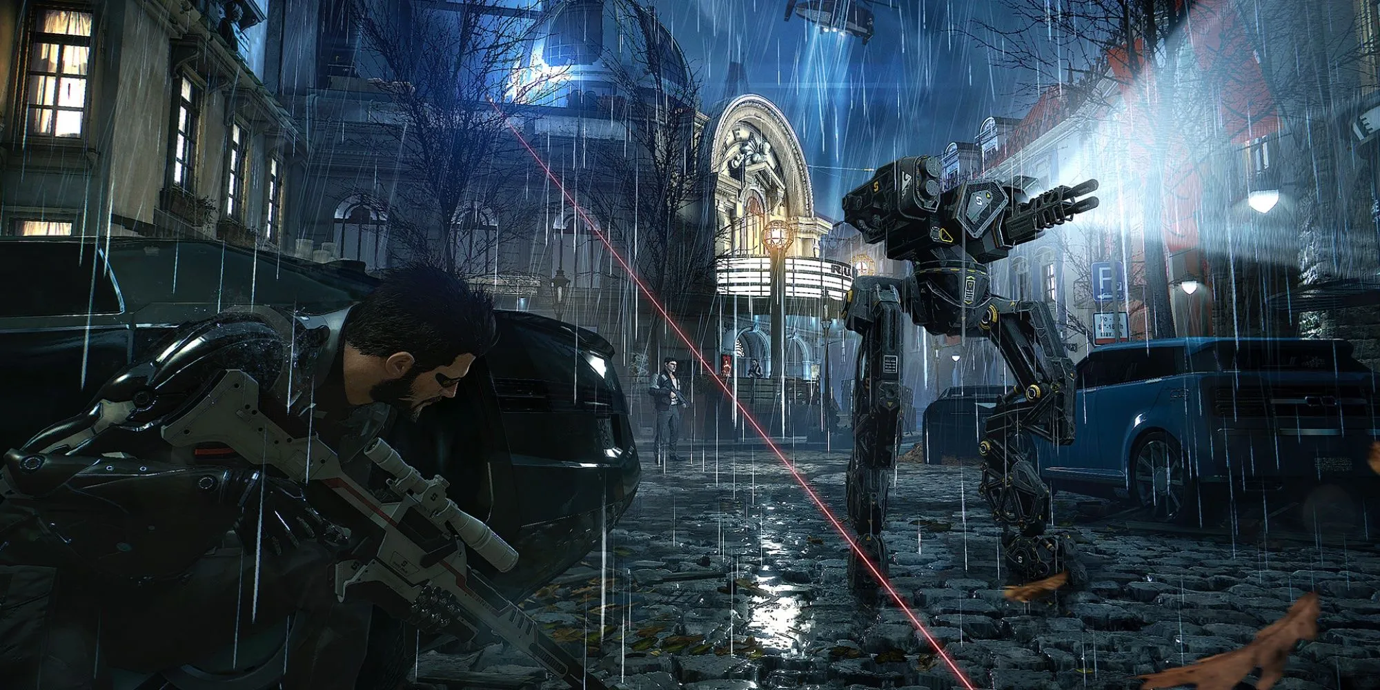 Adam Jensen sử dụng kỹ năng tàng hình để né tránh robot tuần tra trong Deus Ex Mankind Divided
