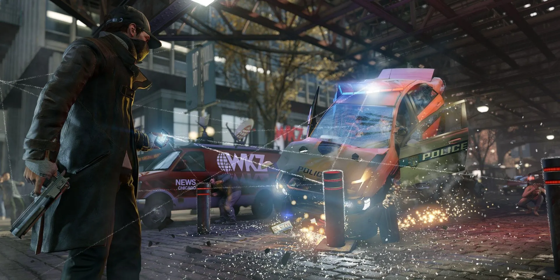 Aiden Pearce sử dụng smartphone hack rào chắn chặn xe cảnh sát trong Watch Dogs