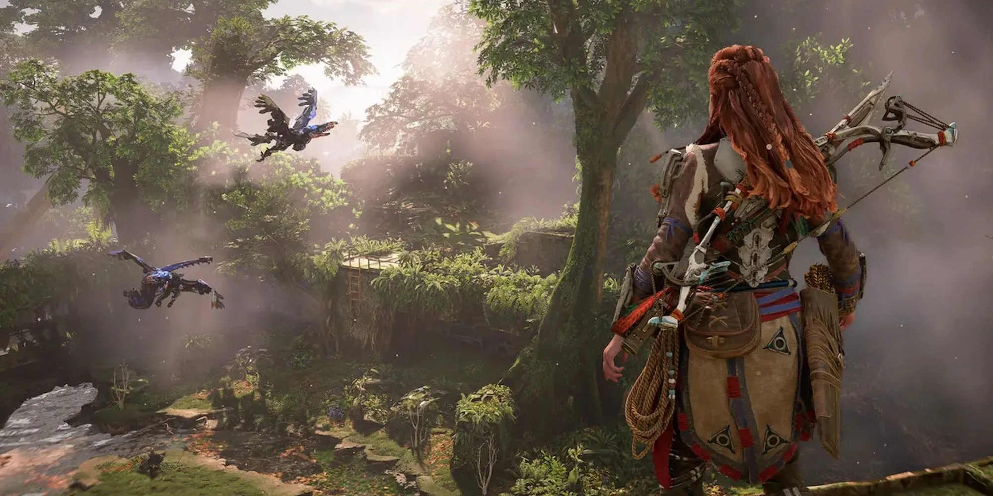 Aloy chiêm ngưỡng thế giới tươi tốt đầy rẫy những cỗ máy trong Horizon Forbidden West