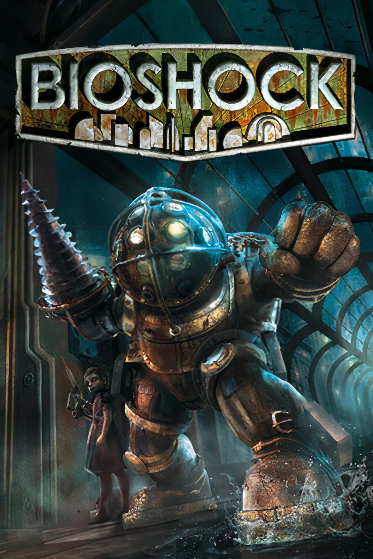 Ảnh bìa chính thức của BioShock với Big Daddy và Little Sister