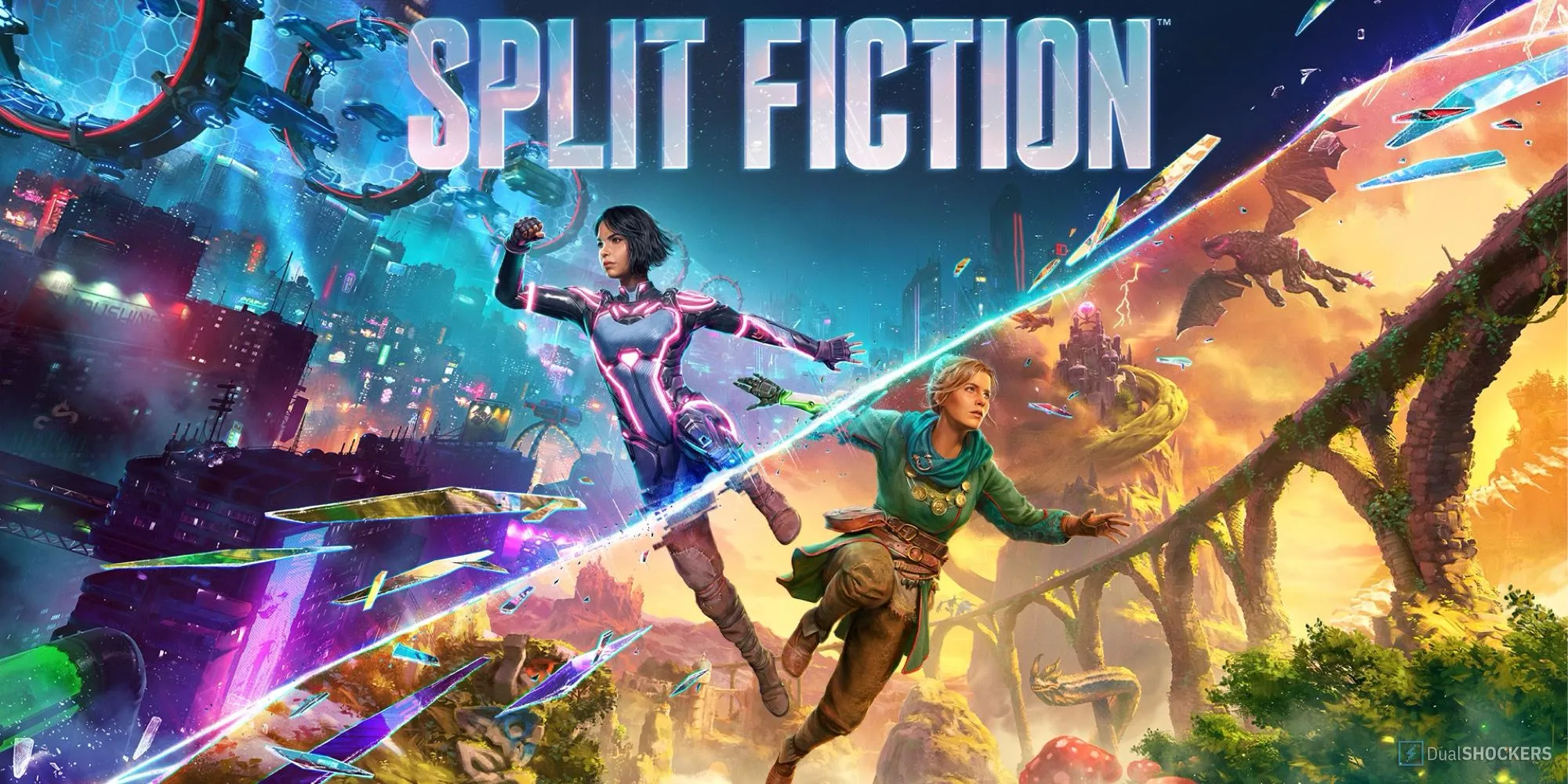 Ảnh bìa chính thức của game Split Fiction với hai nhân vật Mio và Zoe trên nền thế giới chia đôi đầy màu sắc