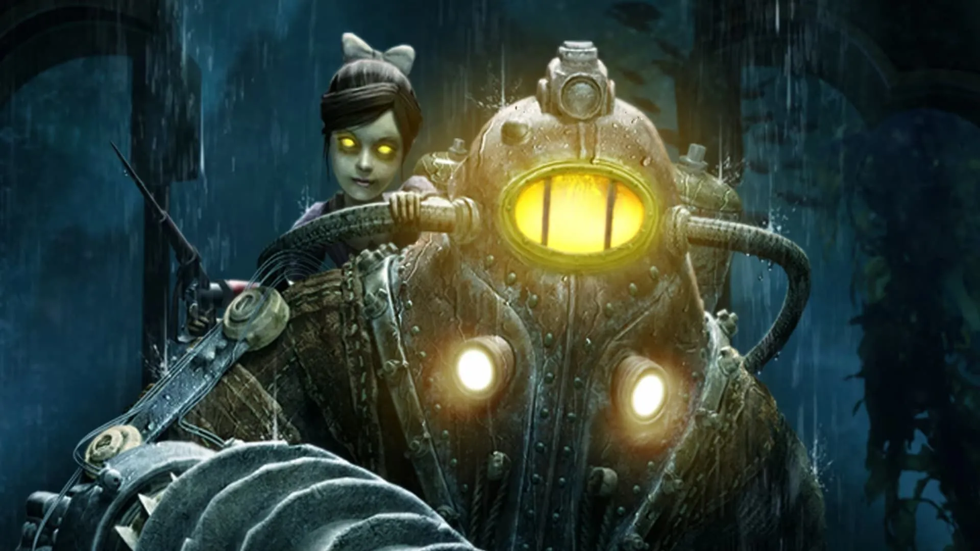 Ảnh bìa game BioShock 2 với Big Daddy và Little Sister dưới đáy biển Rapture
