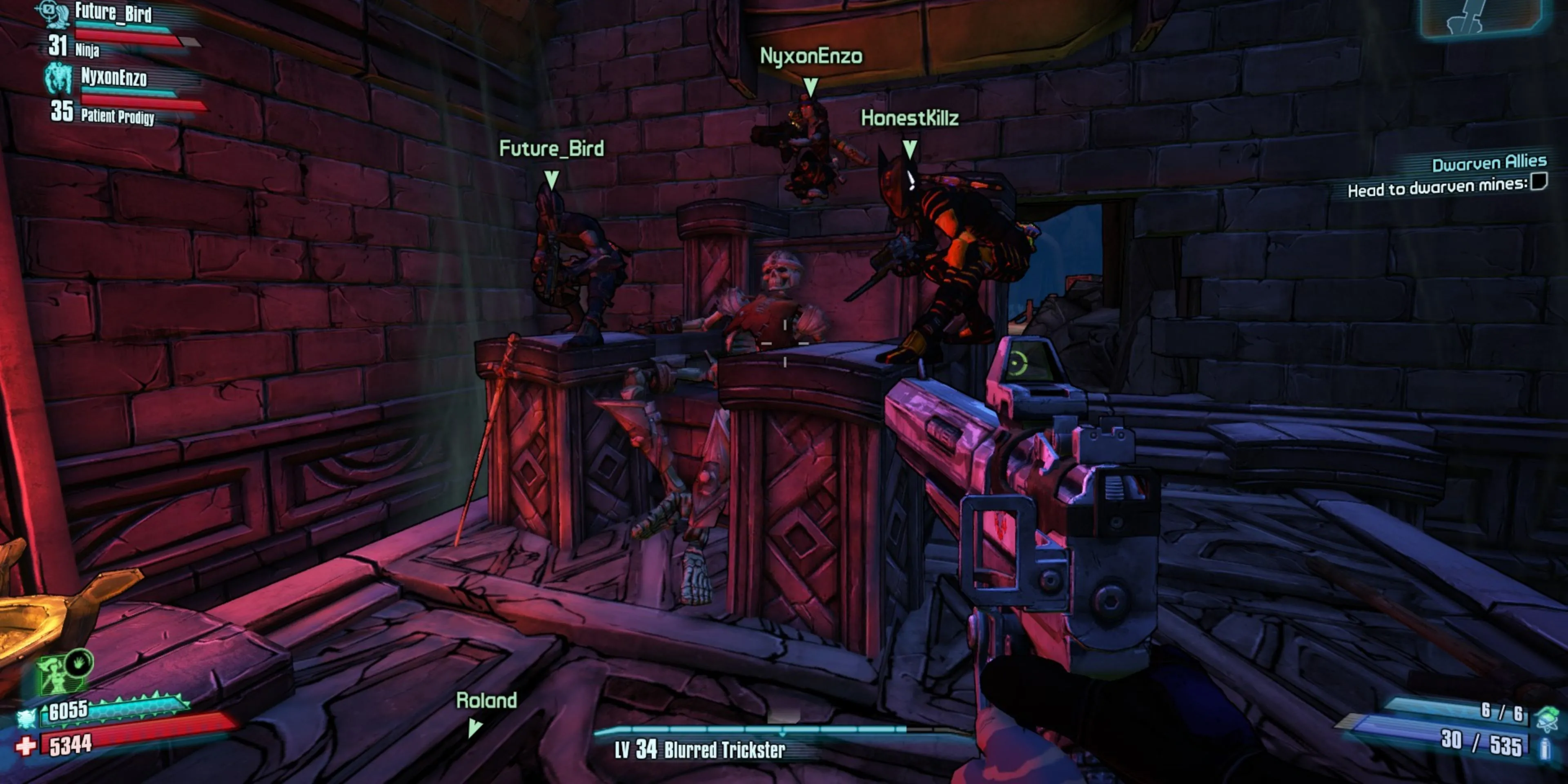 Ảnh chụp màn hình Borderlands 2 với nhân vật người chơi và đồng đội