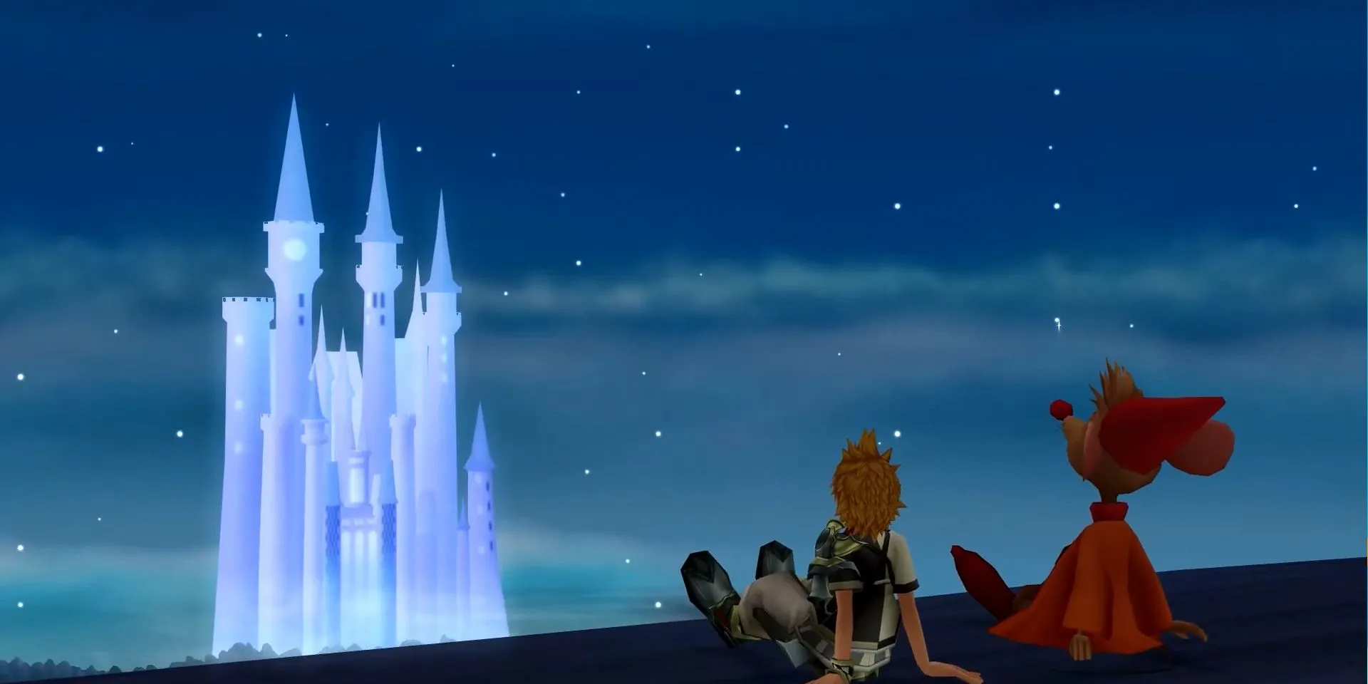 Ảnh chụp màn hình Castle of Dreams từ Kingdom Hearts Birth by Sleep, Ventus đang ngắm sao và nhìn lâu đài từ xa.