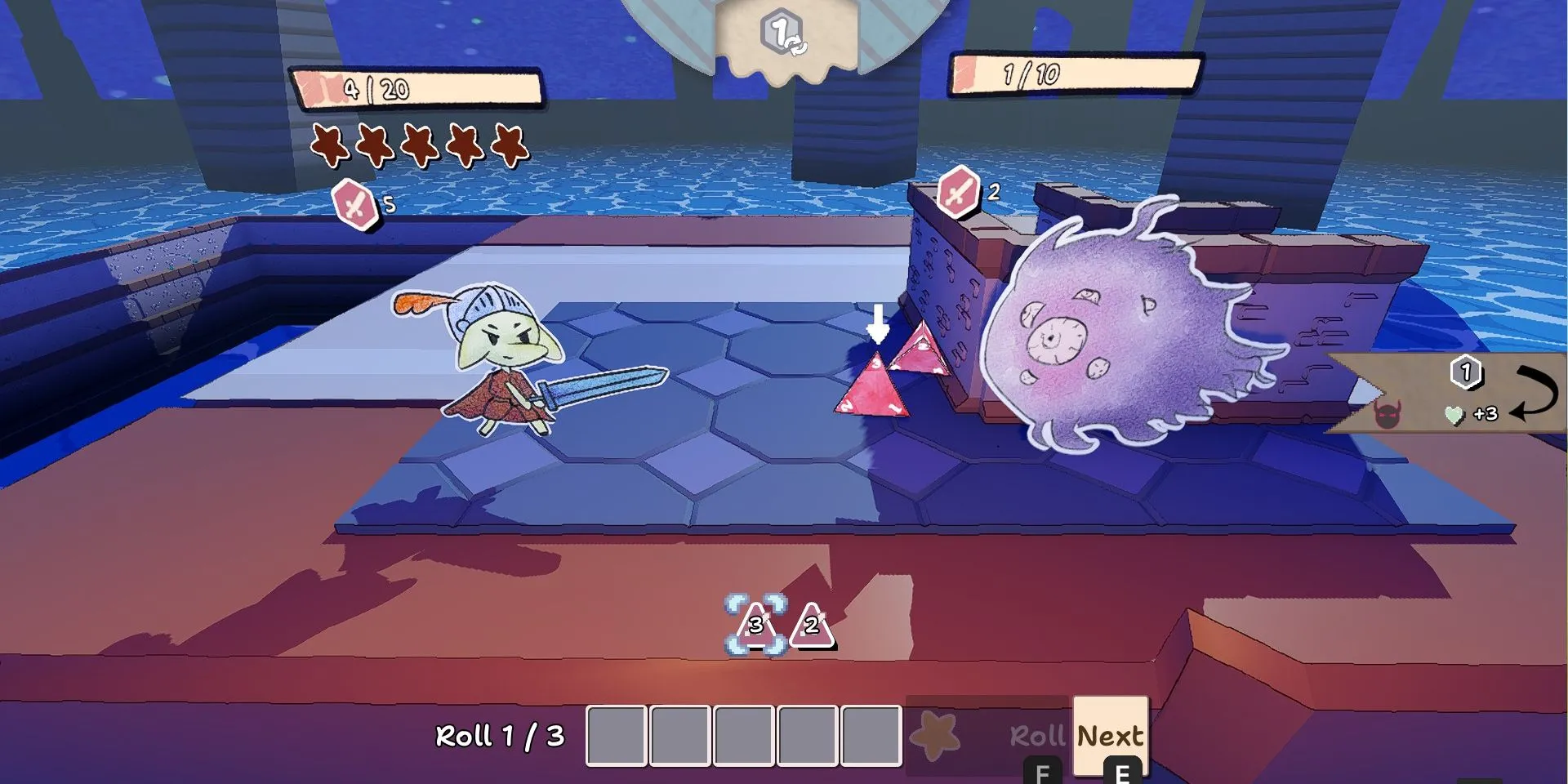 Ảnh chụp màn hình demo Dice 'n Goblins, người chơi đang chiến đấu với một bóng ma lớn trong hầm ngục.