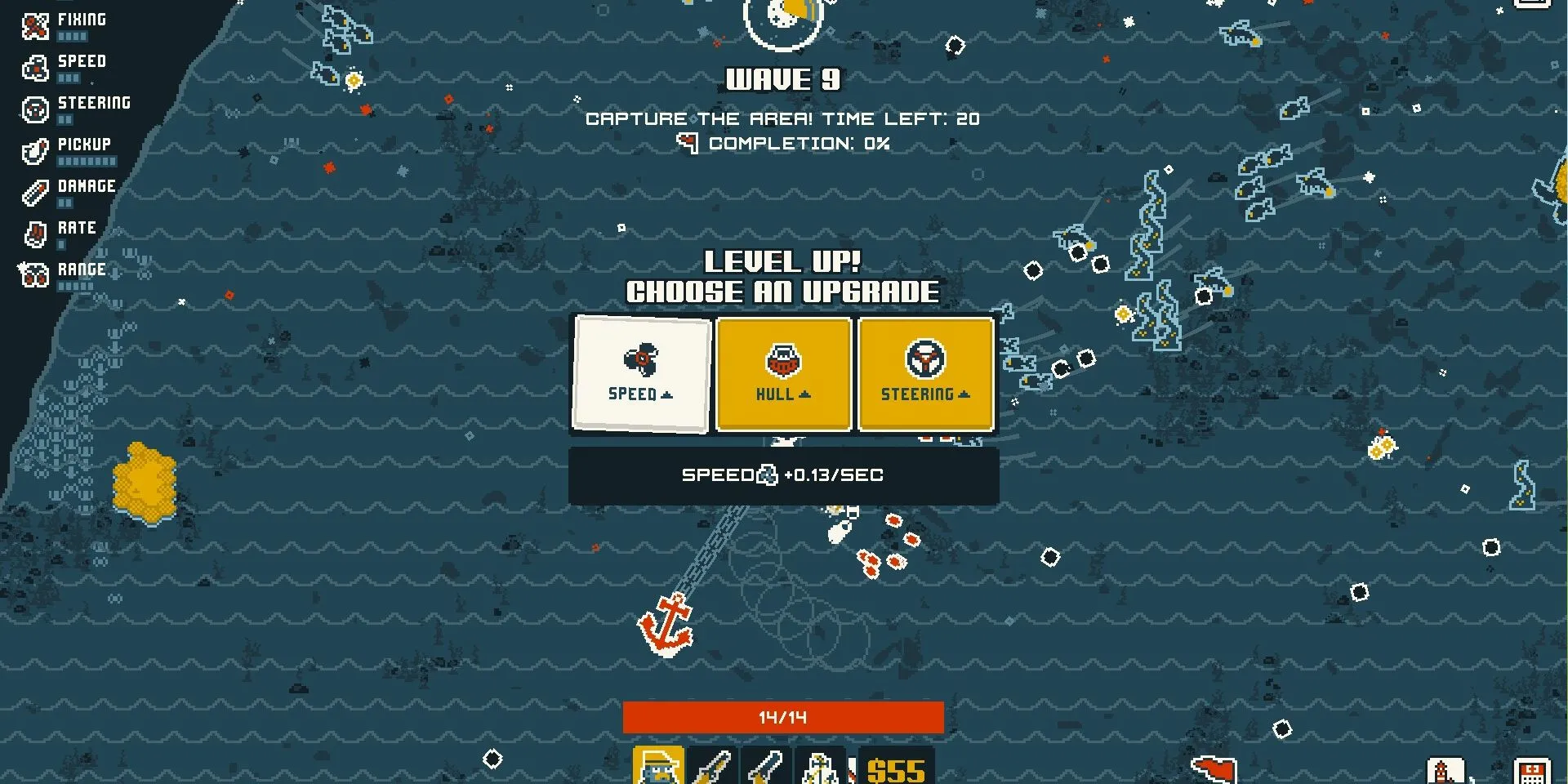 Ảnh chụp màn hình demo Nautical Survival, người chơi đang nâng cấp các chỉ số cho con tàu của mình.