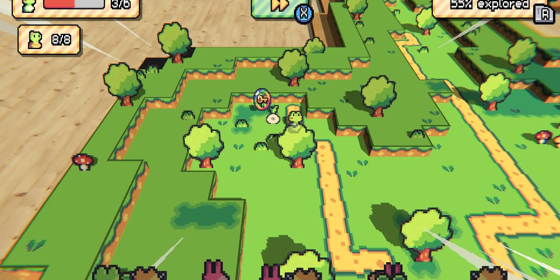 Ảnh chụp màn hình demo Paper Animal Adventure, người chơi đang khám phá một đồng cỏ với các nhân vật động vật bằng giấy.