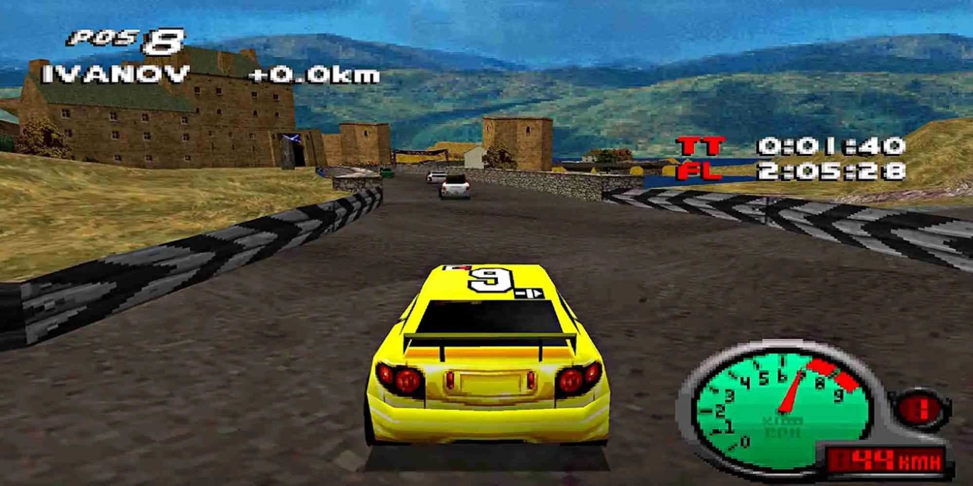 Ảnh chụp màn hình game Total Drivin trên PS1 với chiếc xe đua thể thao màu đỏ