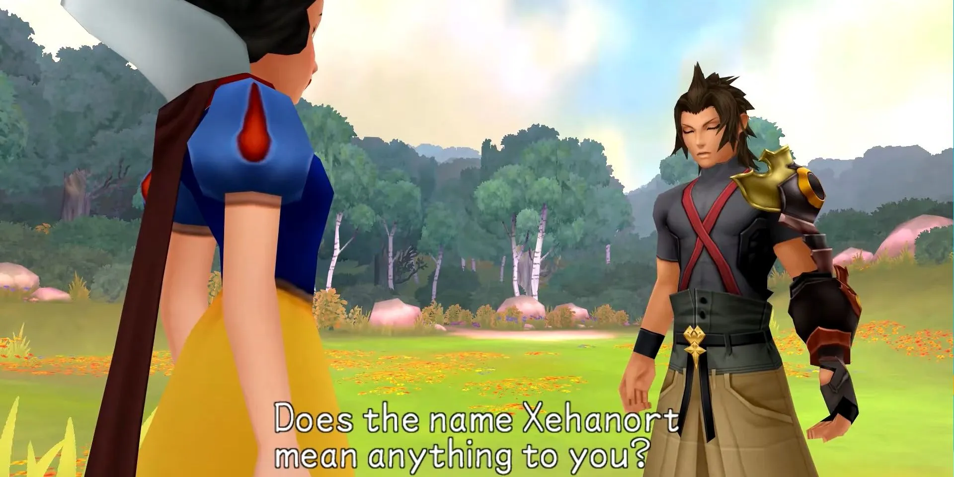 Ảnh chụp màn hình Kingdom Hearts Birth By Sleep, Terra đang ở Dwarf Woodlands hỏi Bạch Tuyết về Xehanort.