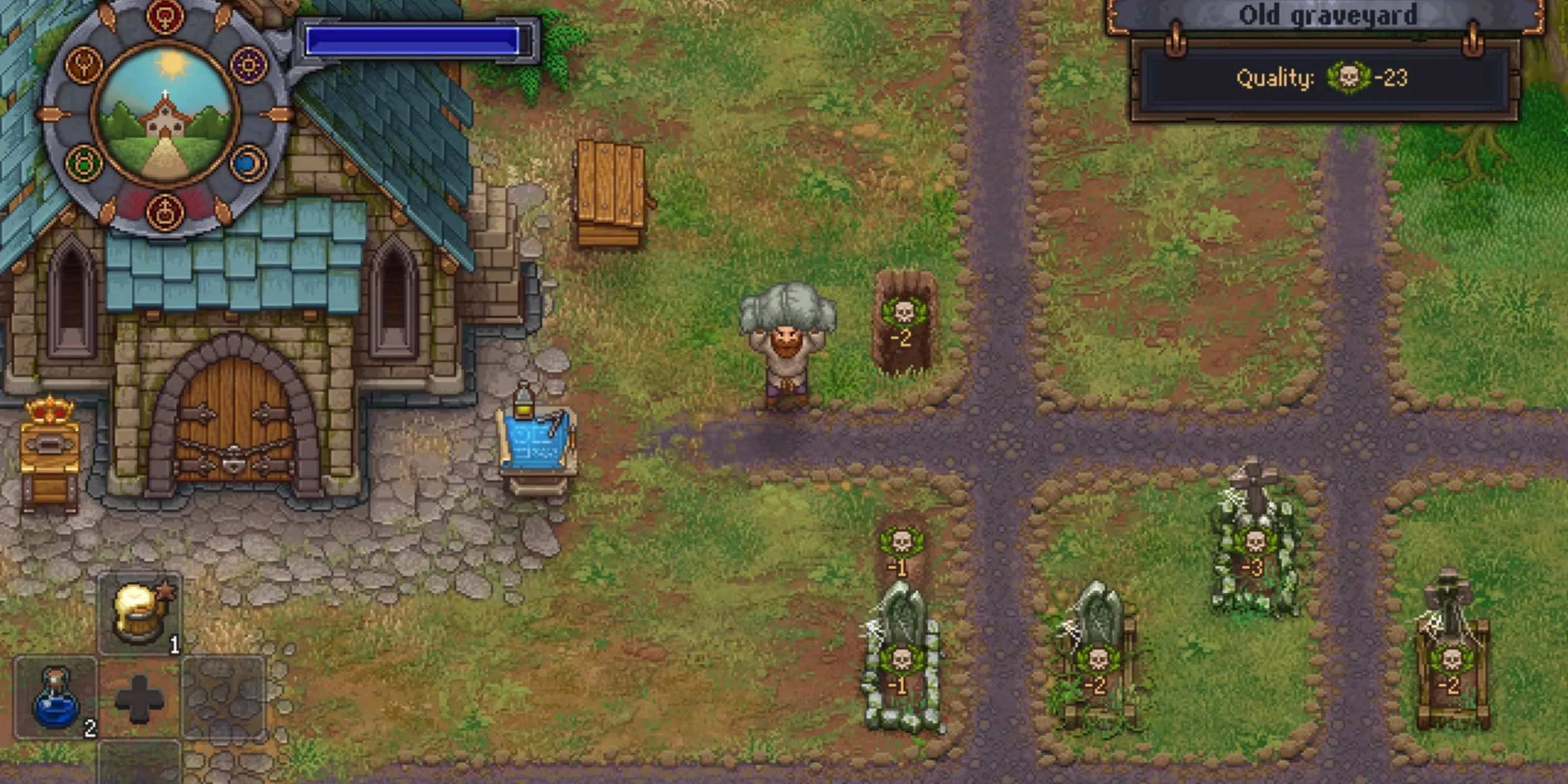 Ảnh chụp màn hình trong game Graveyard Keeper cho thấy nhân vật chính đang đứng trong nghĩa trang với các công trình xây dựng xung quanh