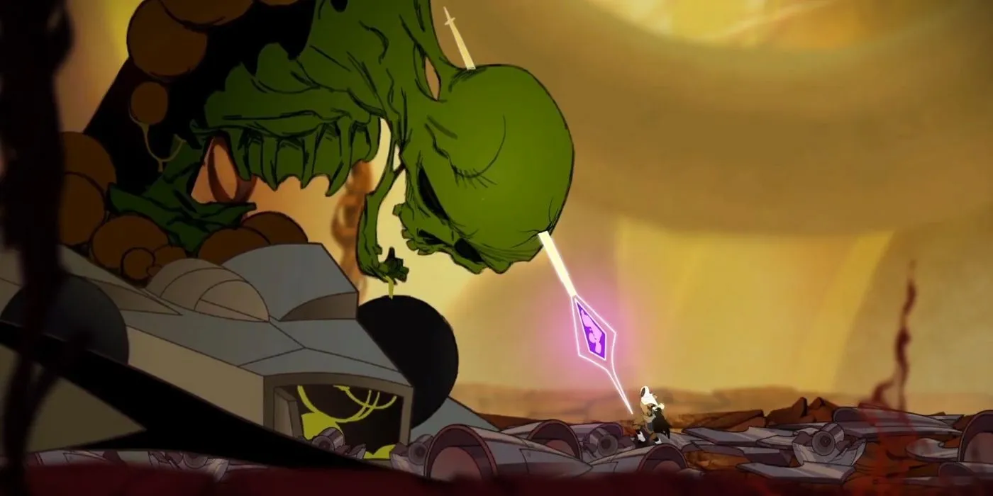 Ảnh chụp màn hình trùm bộ xương khổng lồ trong game Sundered, một Metroidvania đặc sắc