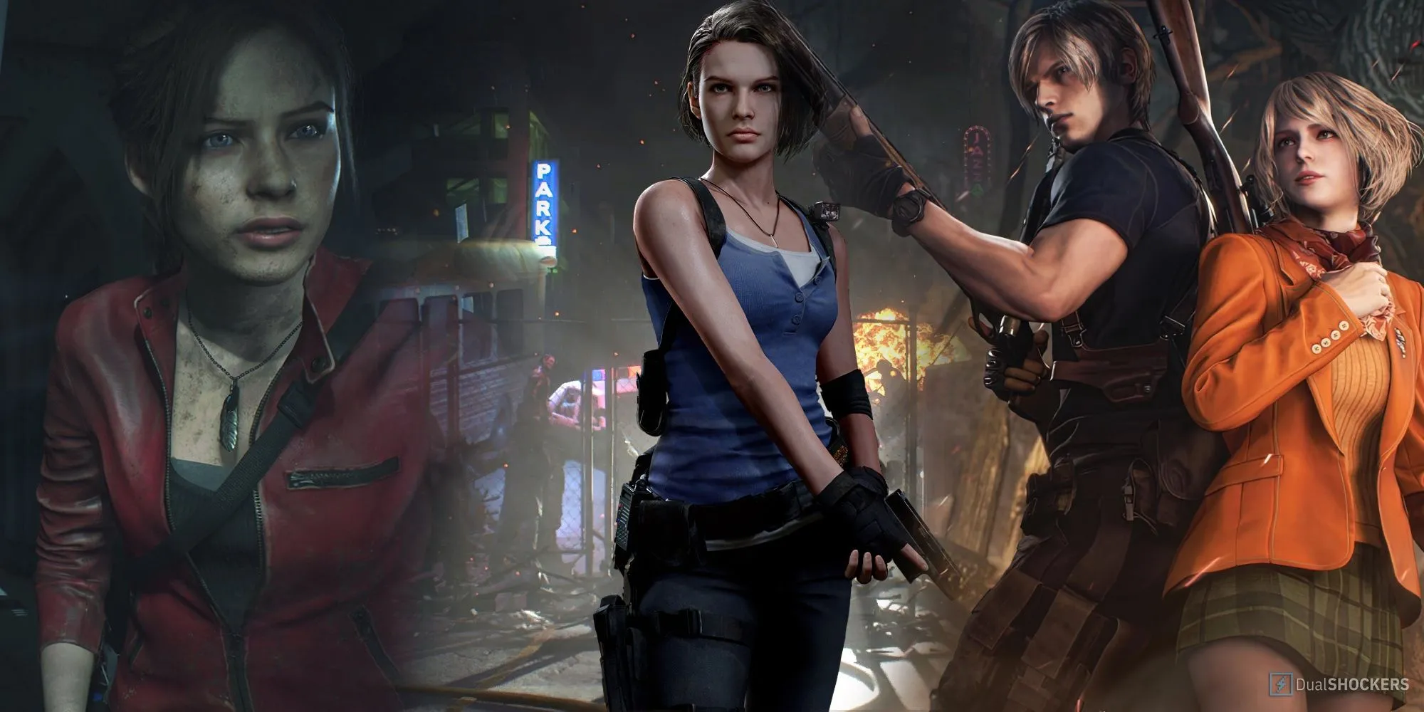 Ảnh ghép Claire, Jill, Leon, và Ashley trong các phần Resident Evil