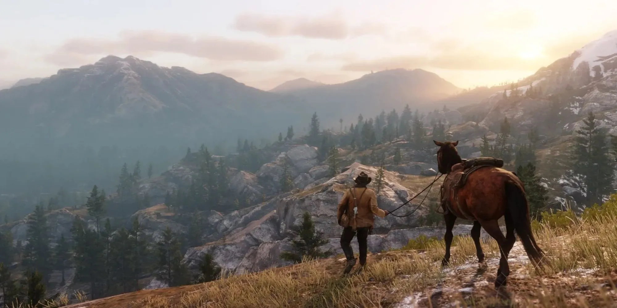 Arthur Morgan cưỡi ngựa trong thế giới miền Tây của Red Dead Redemption 2