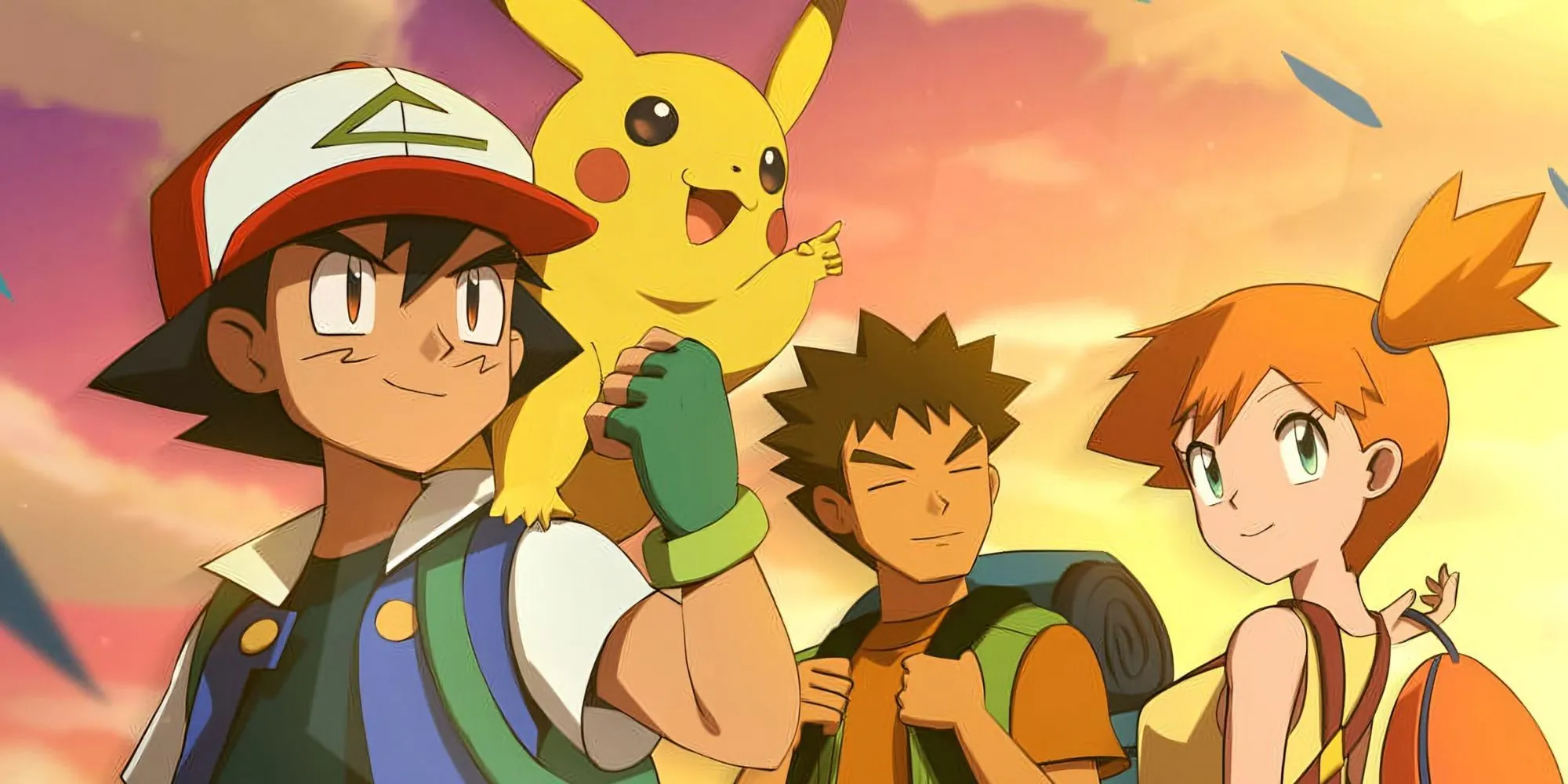 Ash, Brock, Pikachu và Misty trong một khung cảnh hoàng hôn ấm áp của series Pokemon
