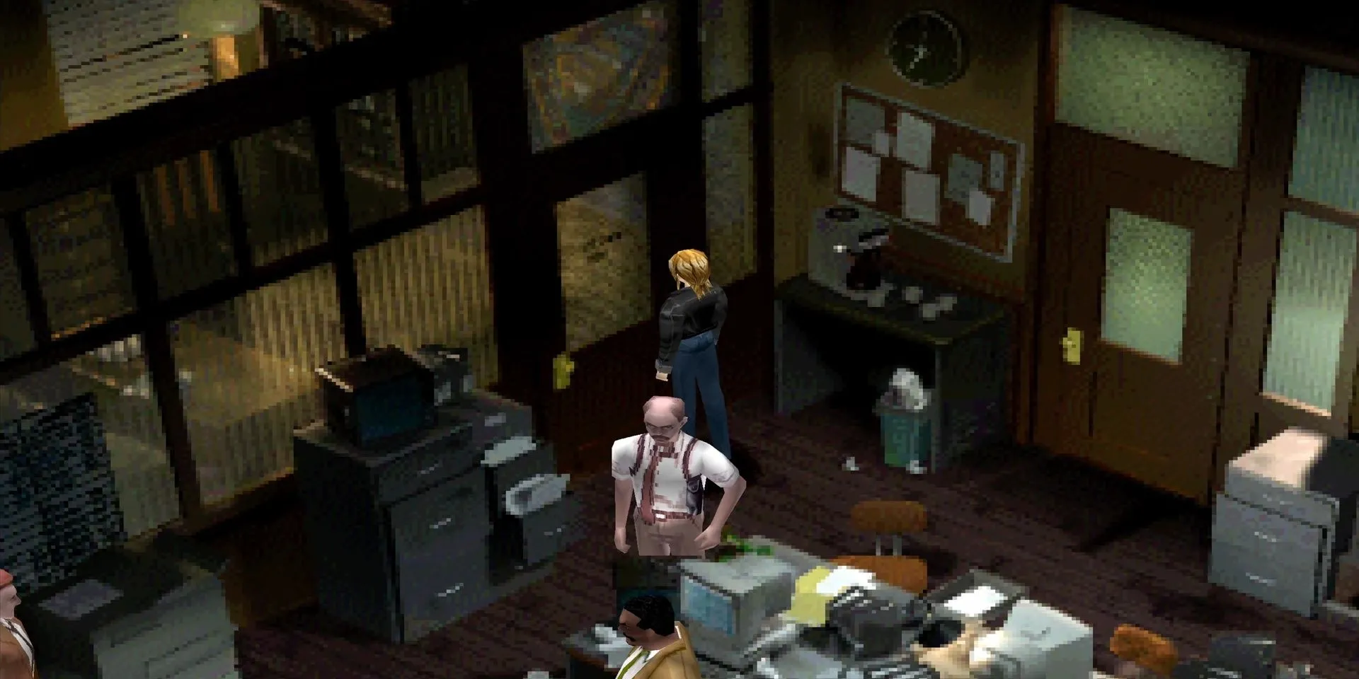 Aya Brea tại đồn cảnh sát NYPD chi tiết trong Parasite Eve, nền tiền kết xuất tạo cảm giác thực tế cho thành phố New York