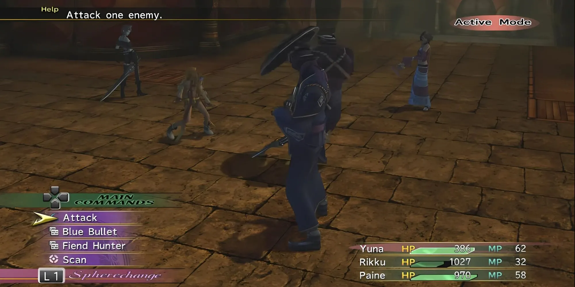 Ba nữ nhân vật chính Final Fantasy X-2 trong trận chiến ATB với hệ thống Dressphere