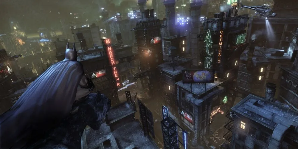 Batman đang rình rập trên nóc nhà Arkham City, chuẩn bị cho một cuộc săn lùng tội phạm trong đêm