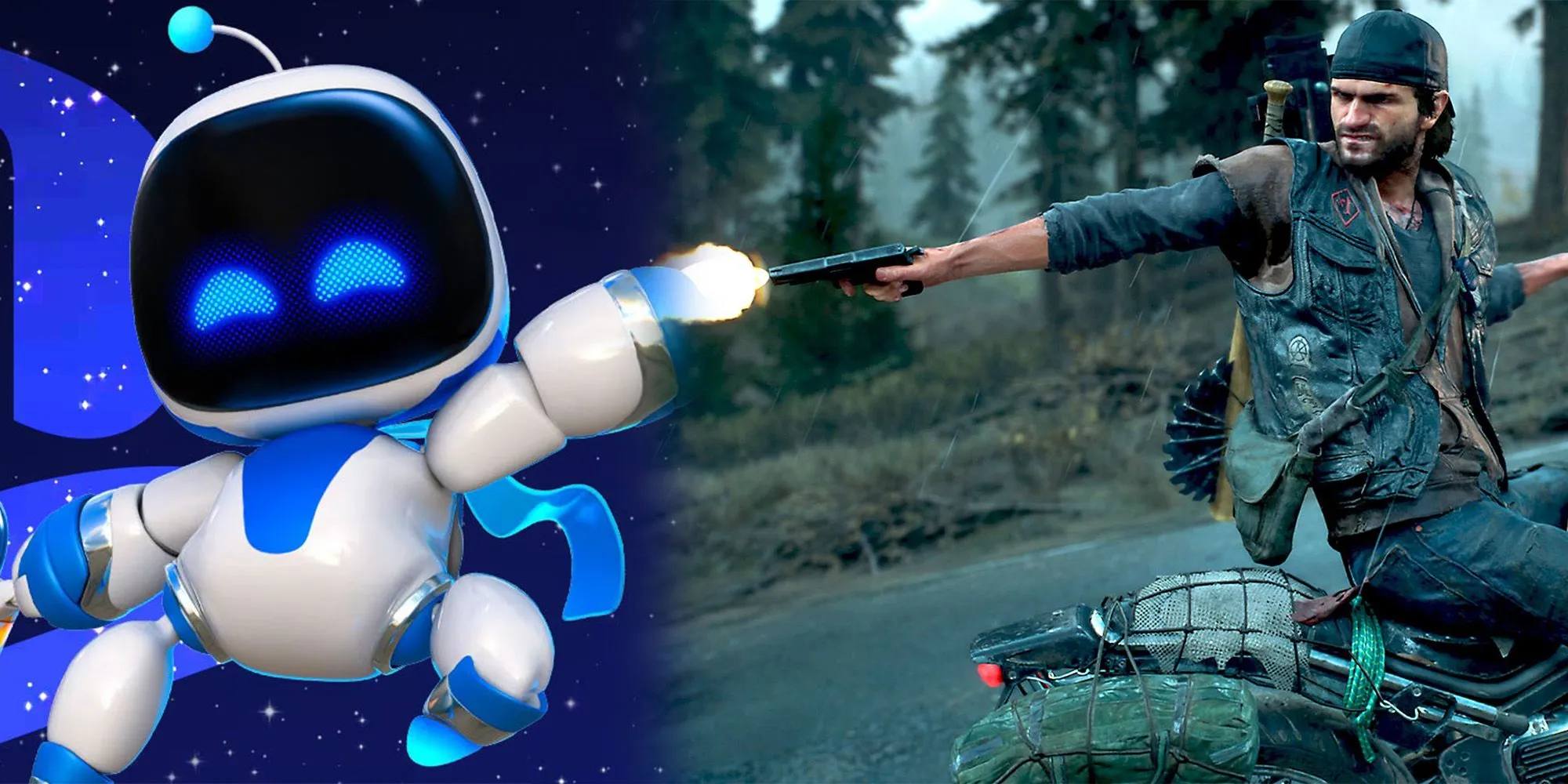 Bức ảnh ghép giữa Astro Bot và Deacon St. John lái xe máy, thể hiện sự kết nối các thương hiệu PlayStation.