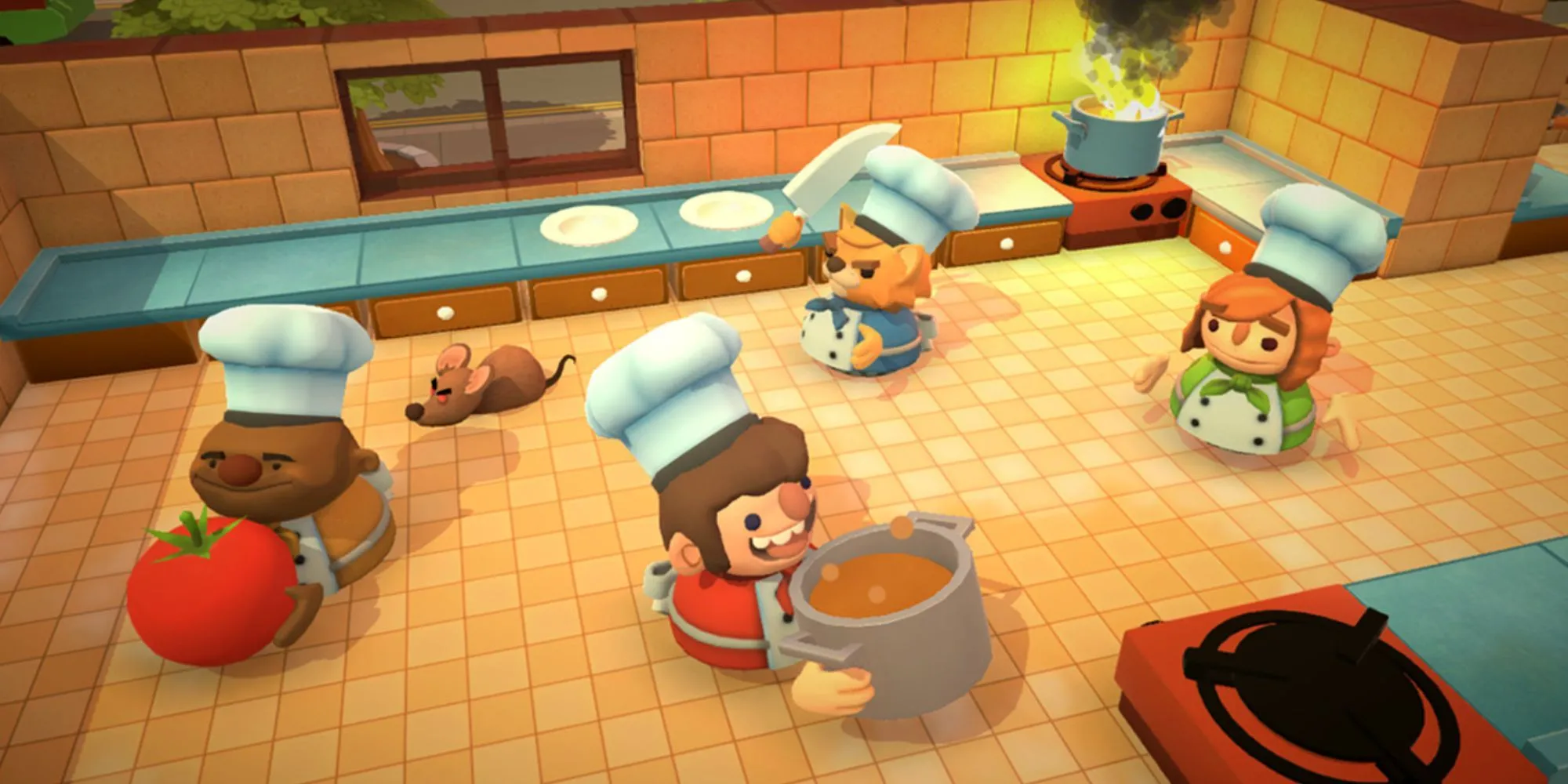 Các đầu bếp ngộ nghĩnh trong Overcooked 2 đang hối hả phối hợp chuẩn bị món ăn giữa căn bếp đầy thử thách và tiếng cười.