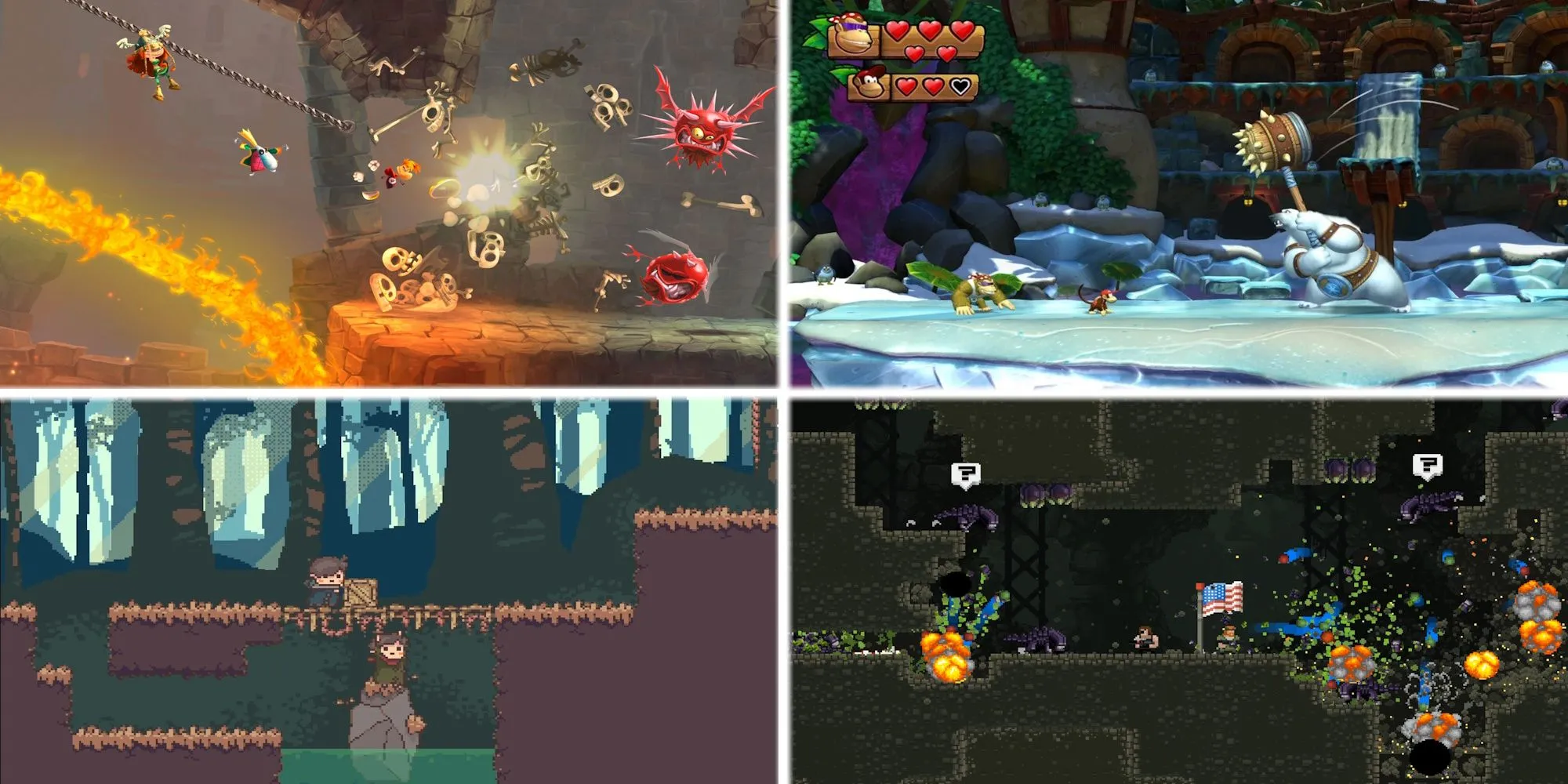Các game co-op màn hình chia gồm Rayman Legends, Broforce, Bokura, DK Tropical Freeze