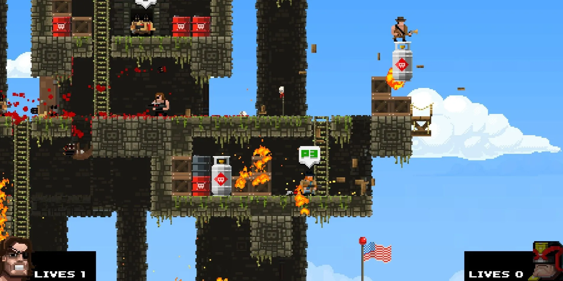 Các nhân vật Broforce đang chiến đấu ác liệt trong một môi trường có thể bị phá hủy hoàn toàn