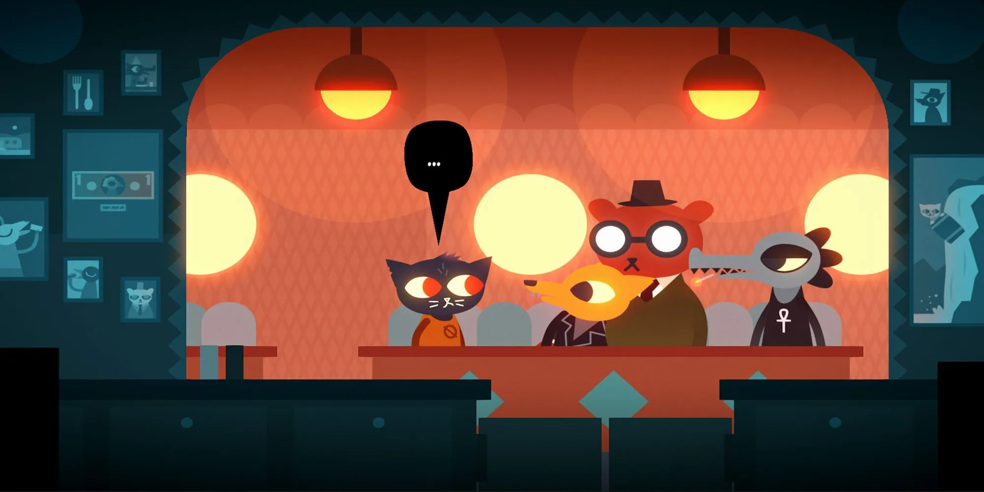 Các nhân vật chính của Night in the Woods tụ tập bên nhau trong khung cảnh thị trấn Possum Springs