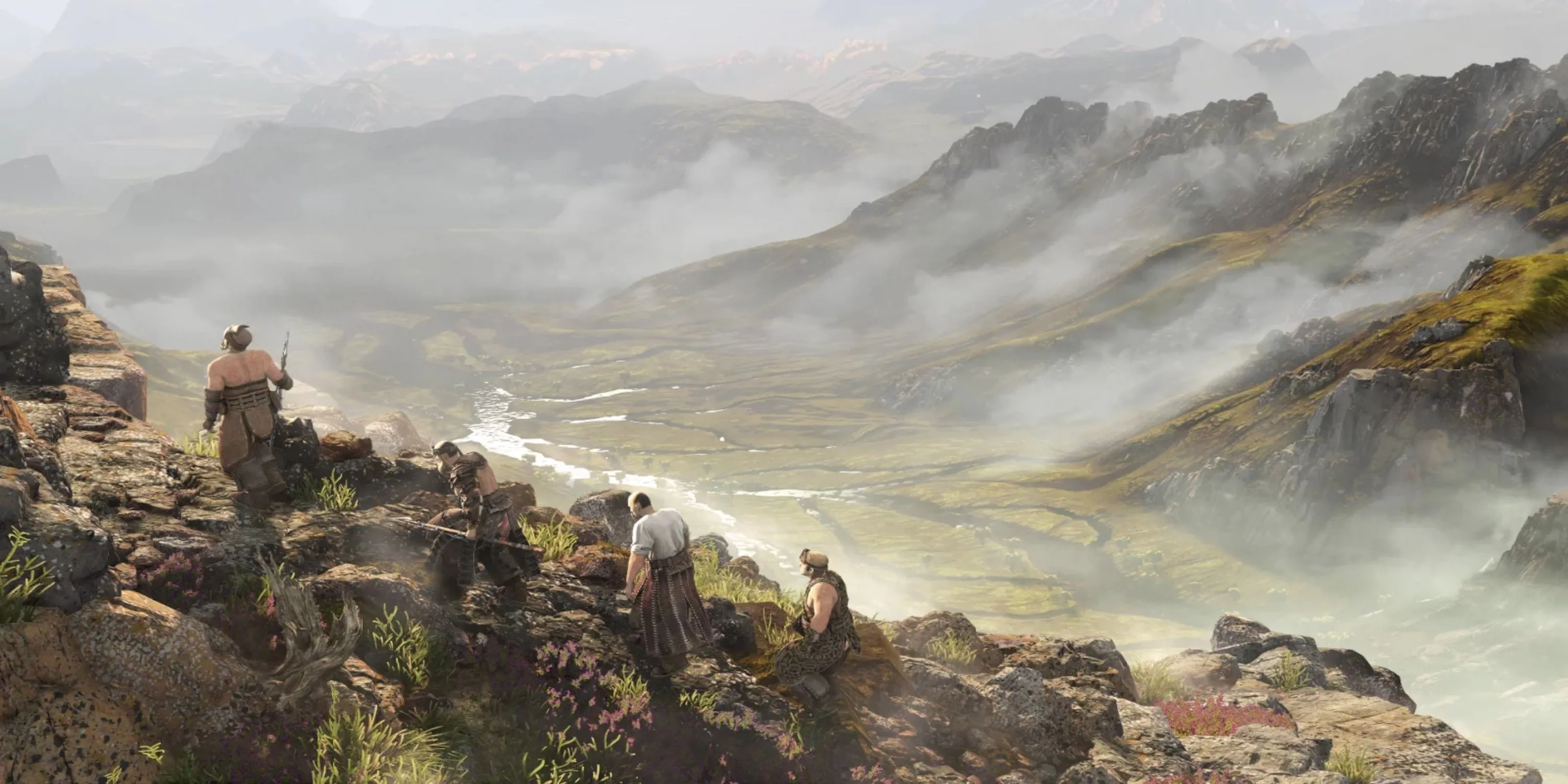 Các nhân vật Horizon Zero Dawn đi bộ lên một ngọn núi phủ tuyết