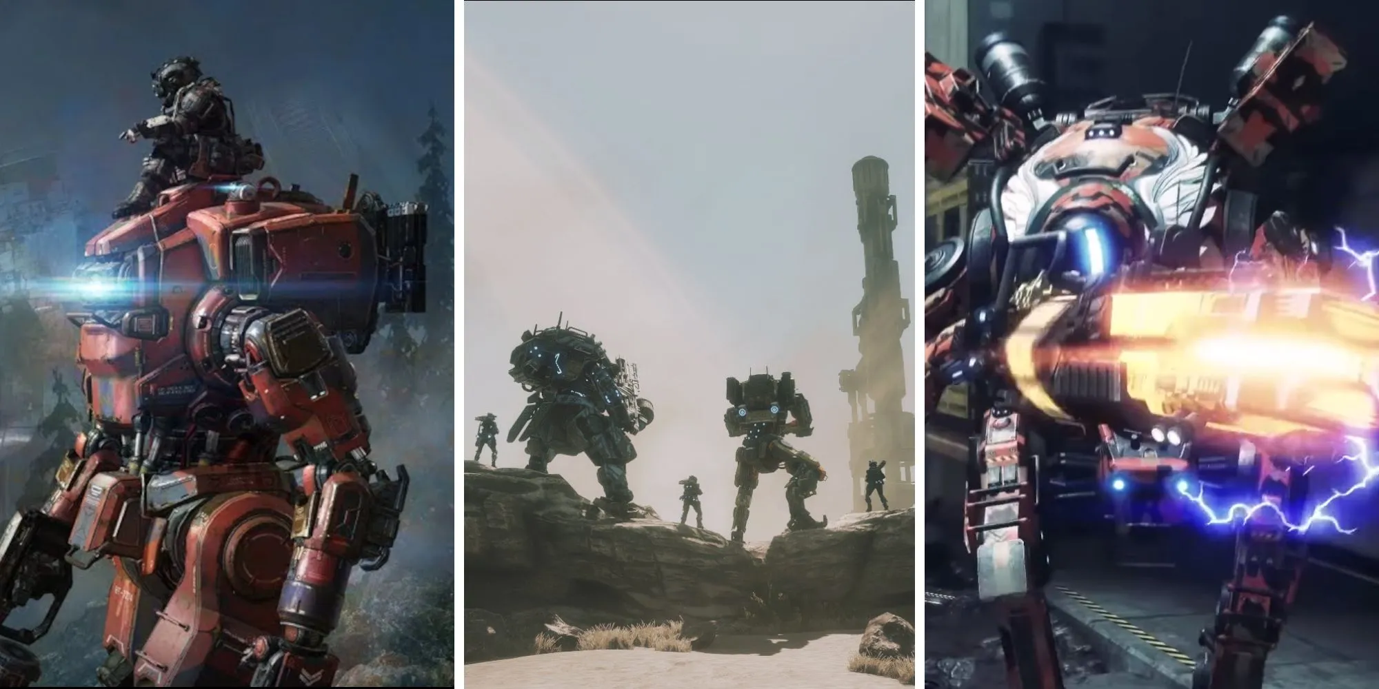 Các Titan Northstar, Monarch, và Legion trong Titanfall 2, đại diện cho các cỗ máy chiến đấu đa dạng của game.