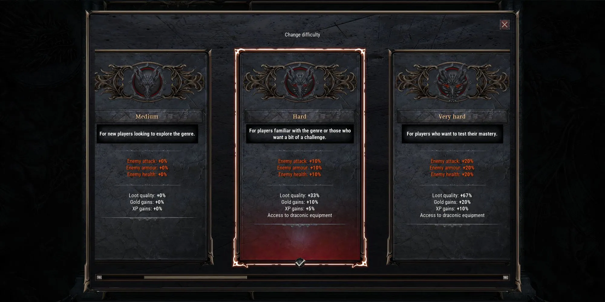 Các tùy chọn độ khó đa dạng trong game Dragonkin The Banished