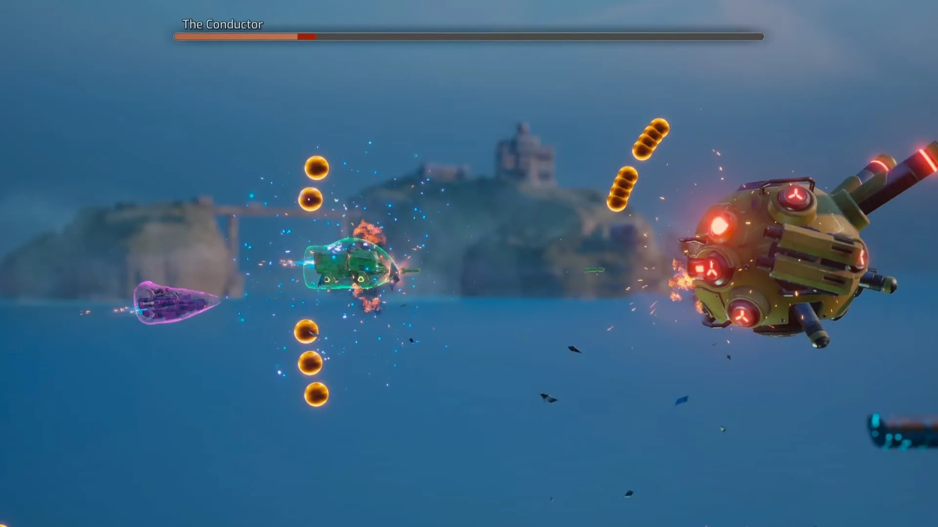 Cận cảnh trùm The Conductor và phi thuyền người chơi sử dụng power-up tia năng lượng tím trong game Split Fiction.