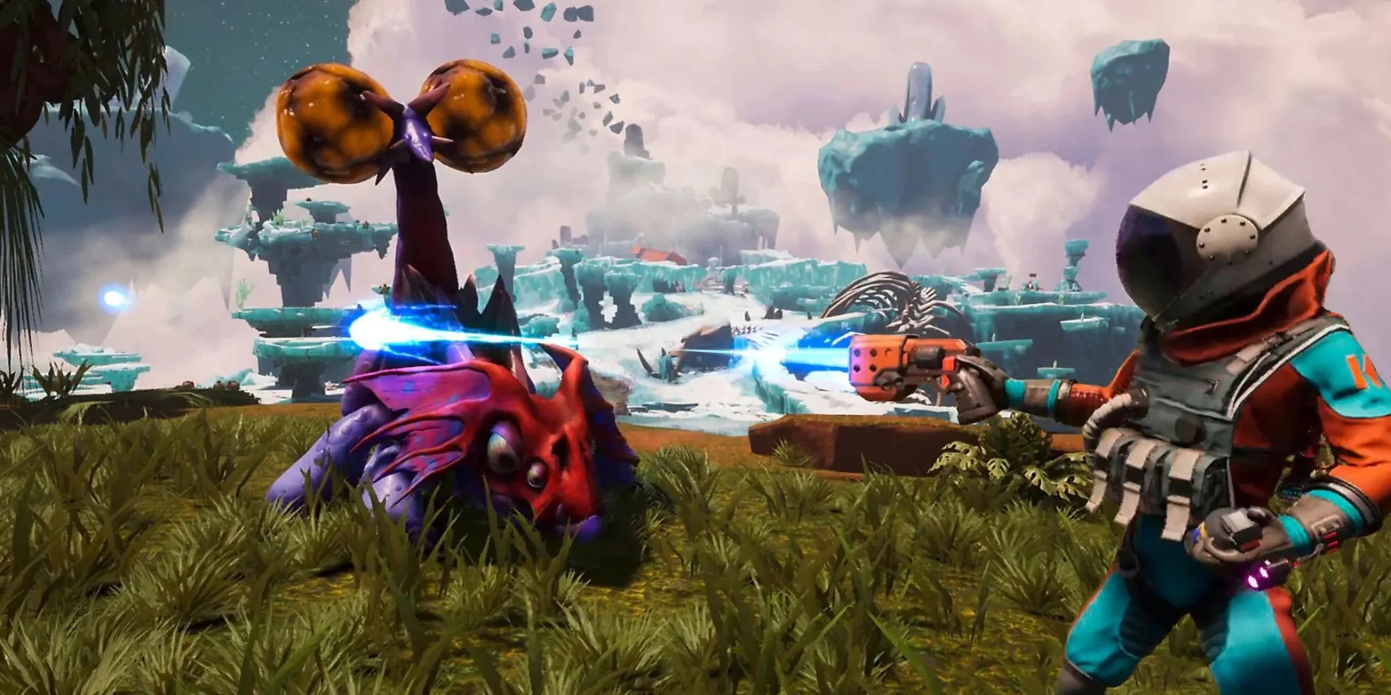 Cảnh chiến đấu FPS trong game Journey to the Savage Planet đầy màu sắc