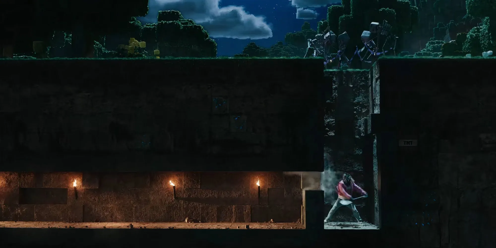 Cảnh đào khoáng sản quen thuộc trong phim A Minecraft Movie