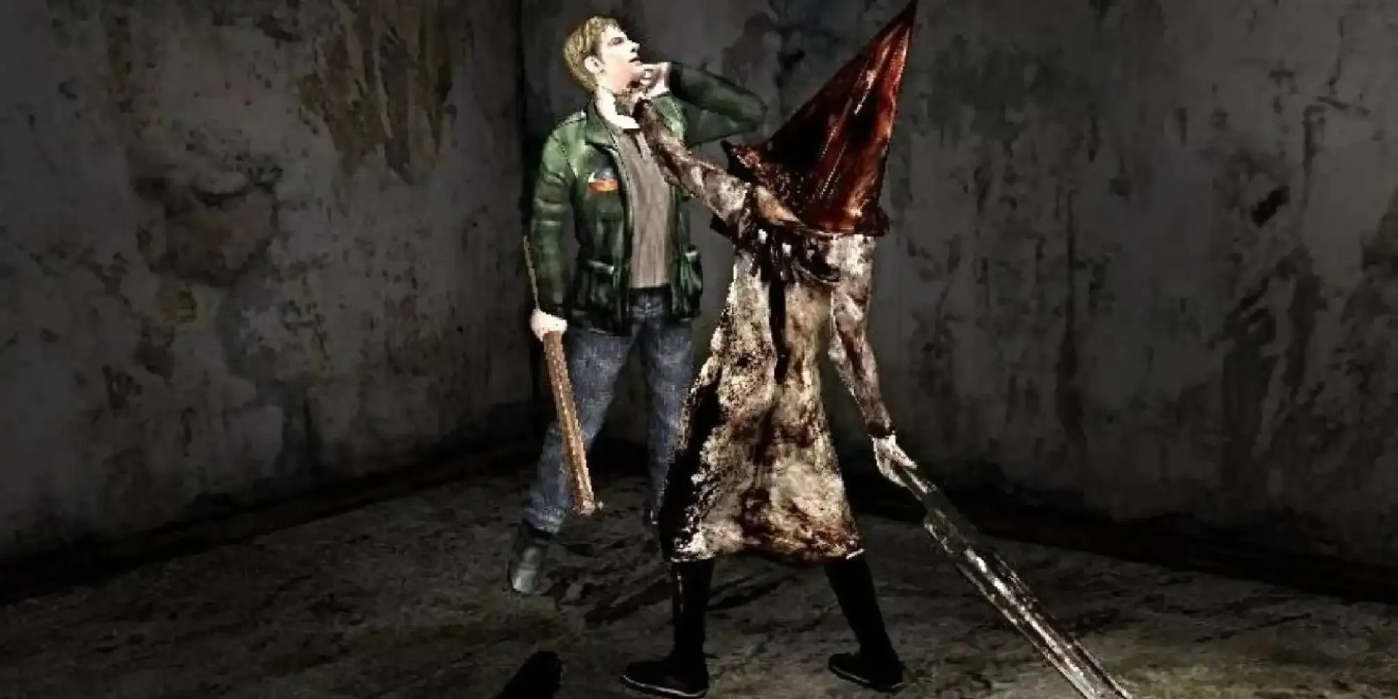 Cảnh đấu boss Pyramid Head trong game Silent Hill 2 trên PS2