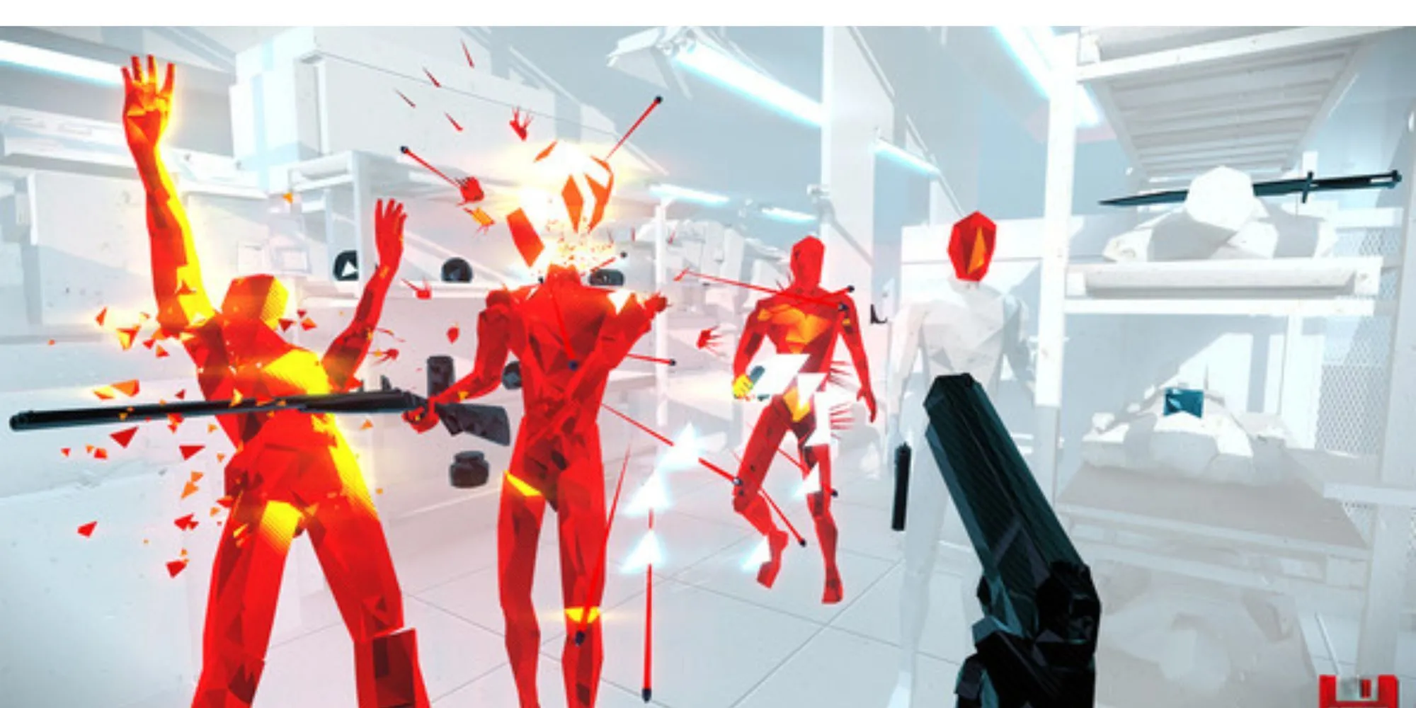 Cảnh gameplay trong SUPERHOT với kẻ địch màu đỏ và môi trường trắng tối giản, thể hiện cơ chế thời gian di chuyển khi người chơi di chuyển