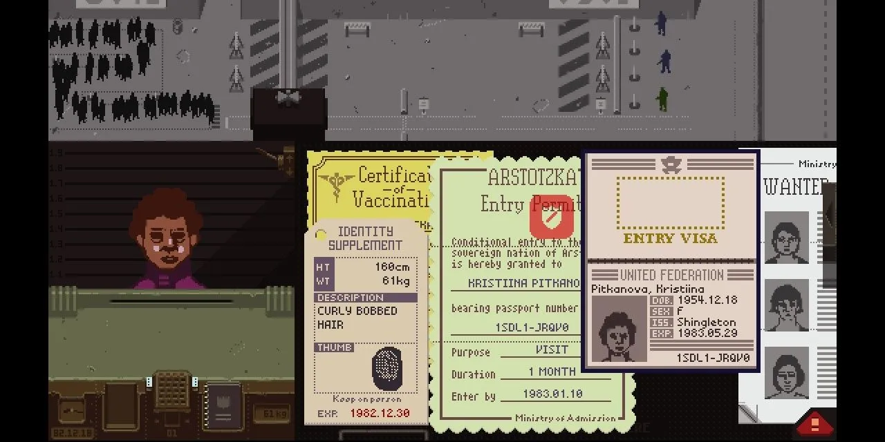 Cảnh kiểm tra giấy tờ tại cửa khẩu trong game Papers, Please đầy căng thẳng