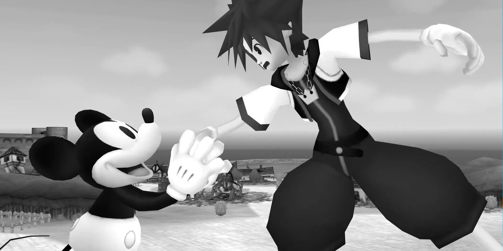 Cảnh trong game Kingdom Hearts 2 - Sora và Mickey ở Timeless River trên PS2
