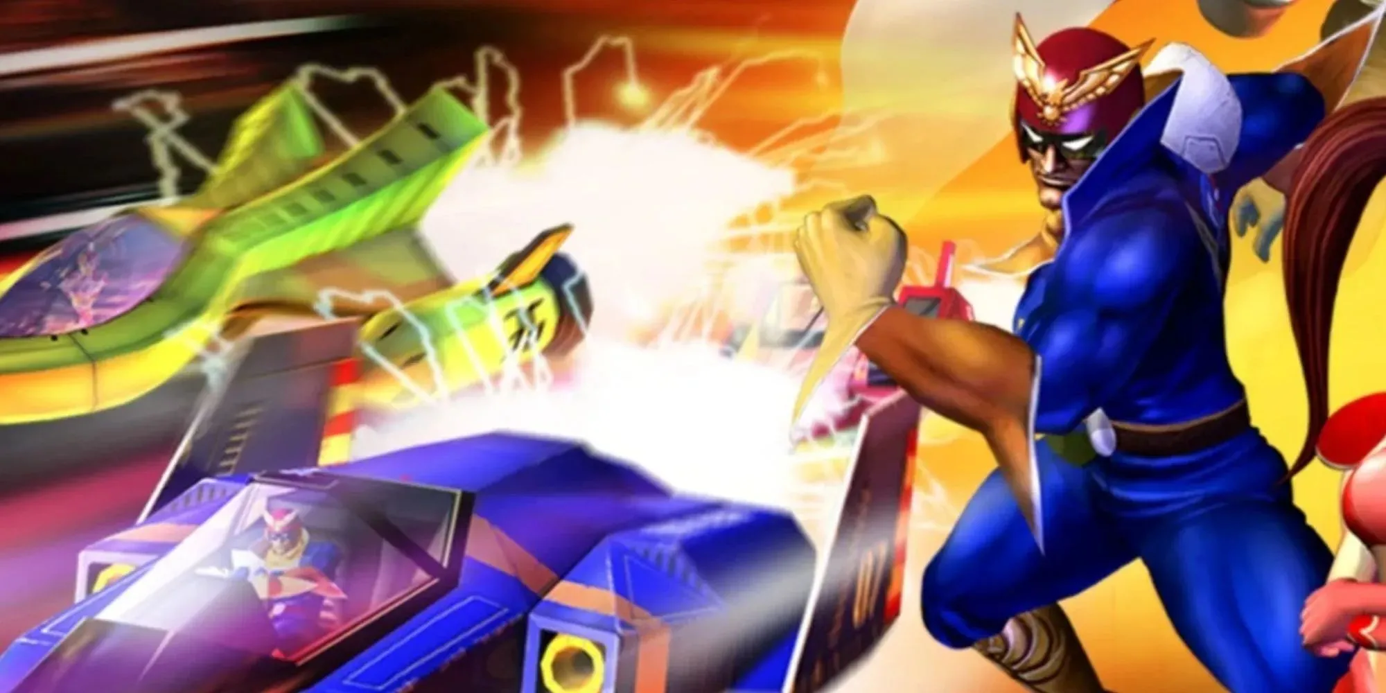 Captain Falcon đứng cạnh chiếc phi thuyền Blue Falcon trong game F-Zero