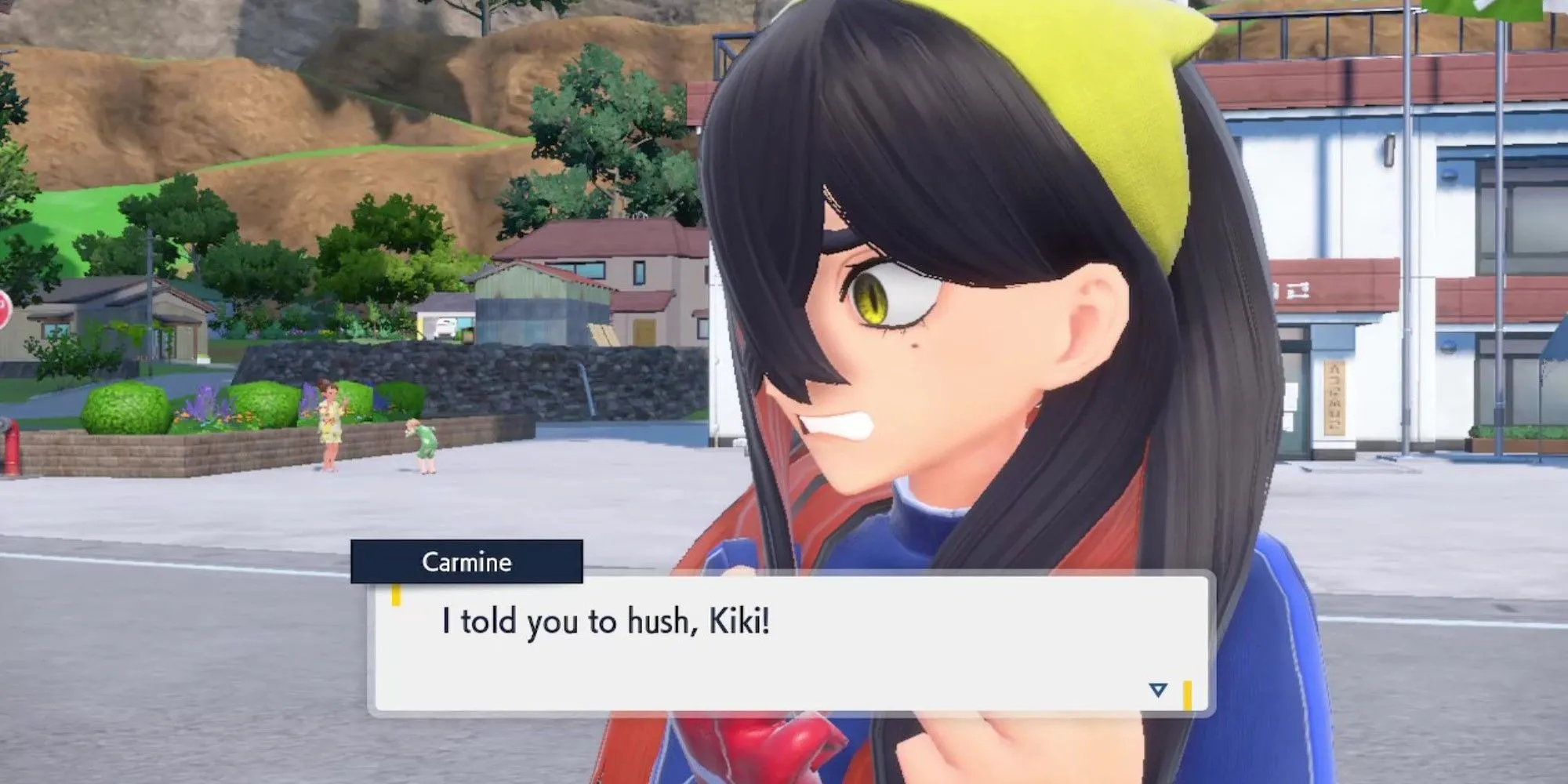 Carmine trong DLC Pokemon Scarlet and Violet đang nói chuyện với Kieran