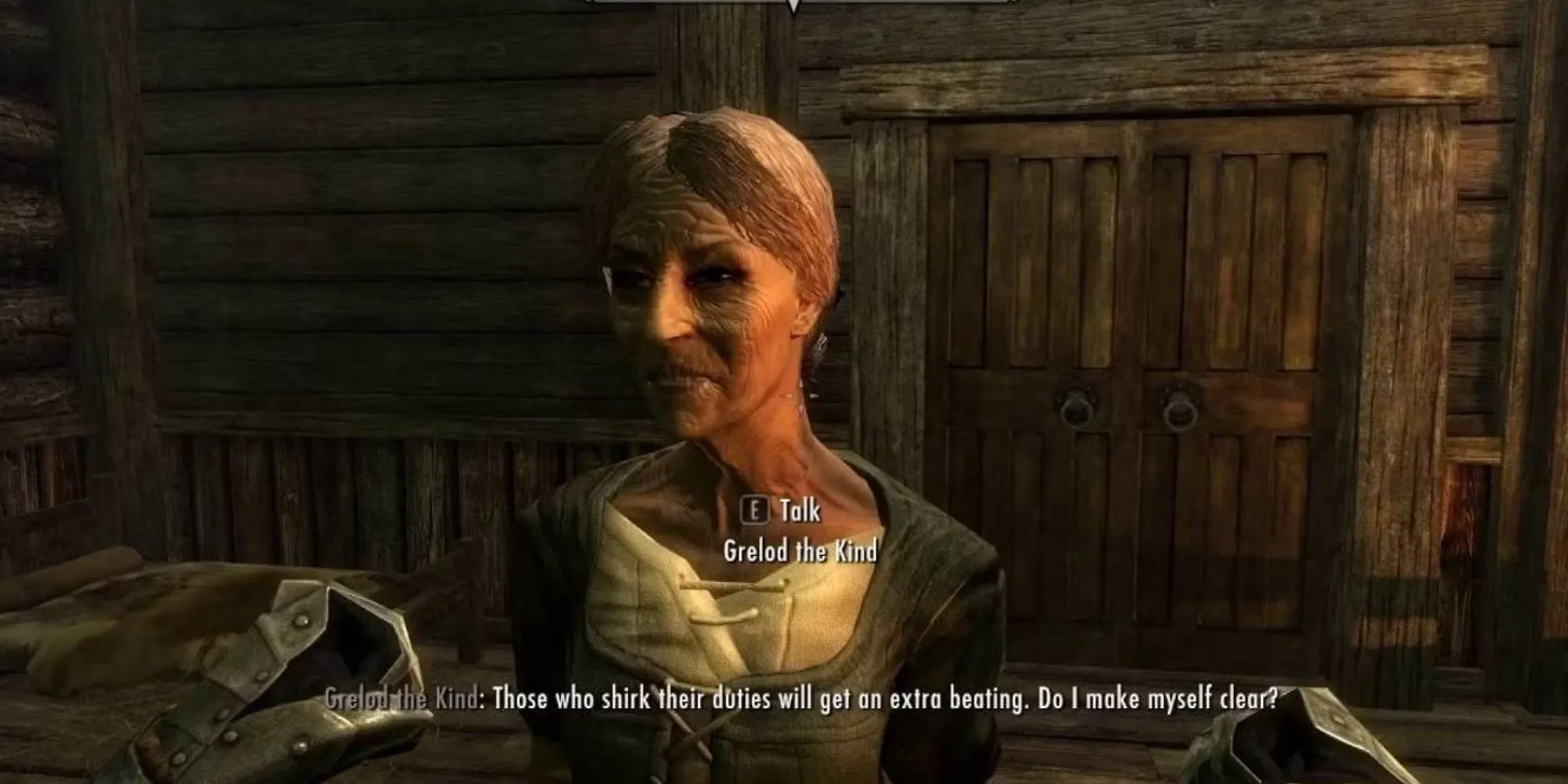 Chân dung Grelod the Kind, bà chủ trại trẻ tàn ác trong Skyrim mà Aventus Aretino muốn người chơi ám sát.