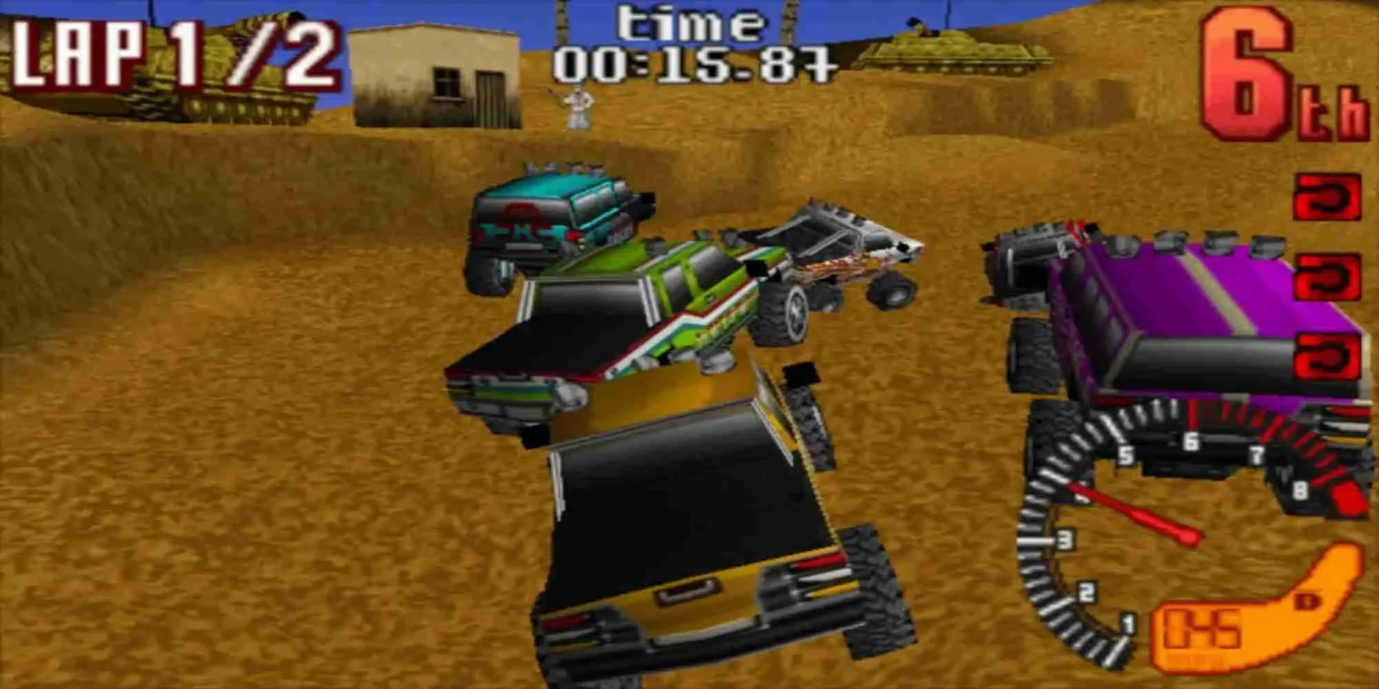 Chiếc xe bán tải 4x4 màu đỏ đang vượt qua địa hình đồi núi hiểm trở trong game TNN Motorsports Hardcore 4X4