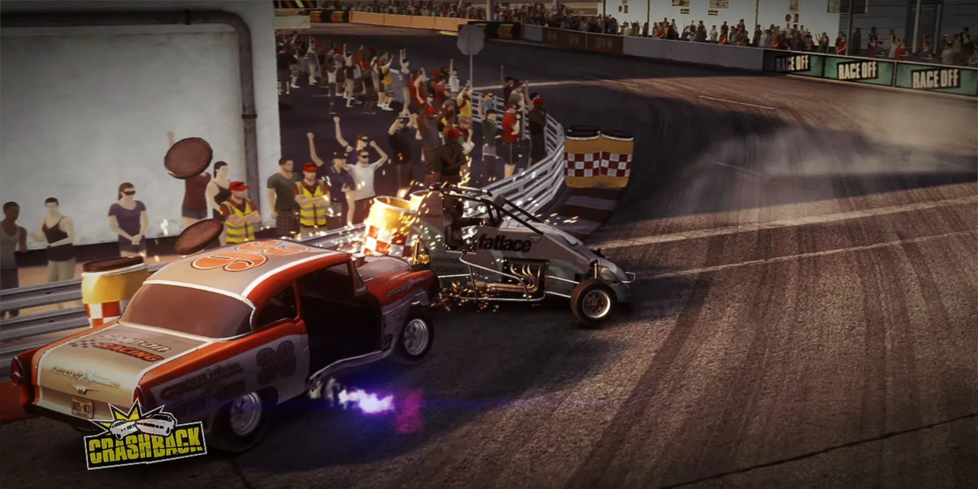 Chiếc xe bị biến dạng nặng nề trong một pha va chạm mạnh từ phía sau trong Dirt Showdown.
